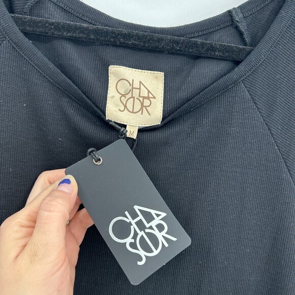 NWT CHASER Basic Black Ribbed Wide Short Sleeve Oversized Shirt Size Medium - Picture 4 of 4